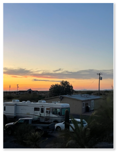Sunset over the campground at Dreamers RV Park in Salome, Arizona.