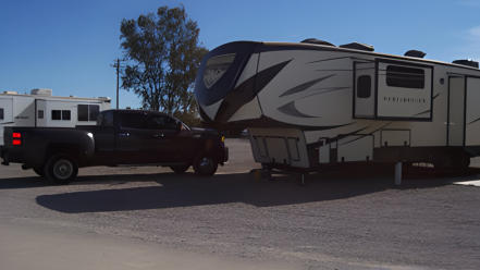 A large fifth wheel in one of our big rig friendly rv sites here at Dreamers