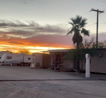 A sunset over the rv sites near Dreamers RV Park in Salome, Arizona.